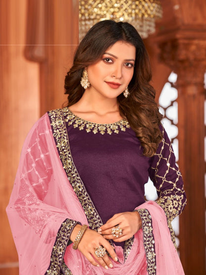 Mirror Art Silk Patiala Salwar Suit in Purple