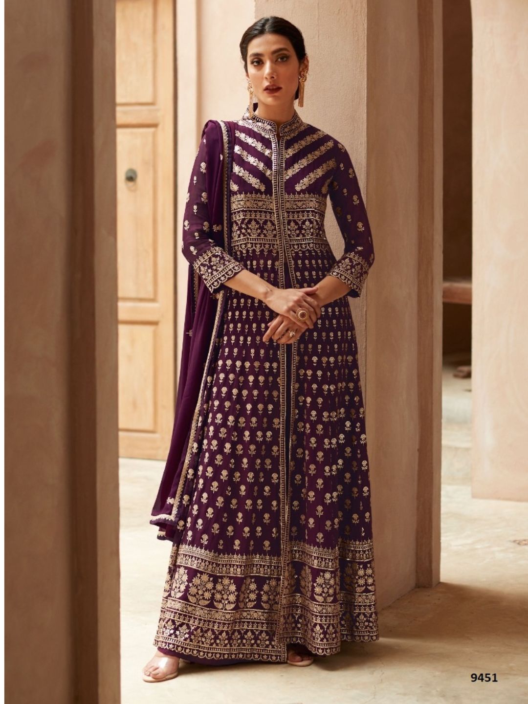 Embroidered Georgette Mehendi Sangeet Salwar Kameez in Purple