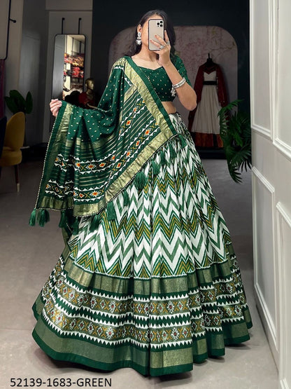 Foil Printed tussar Silk with Bandhani Dupatta Lehenga Choli In Green color -82066