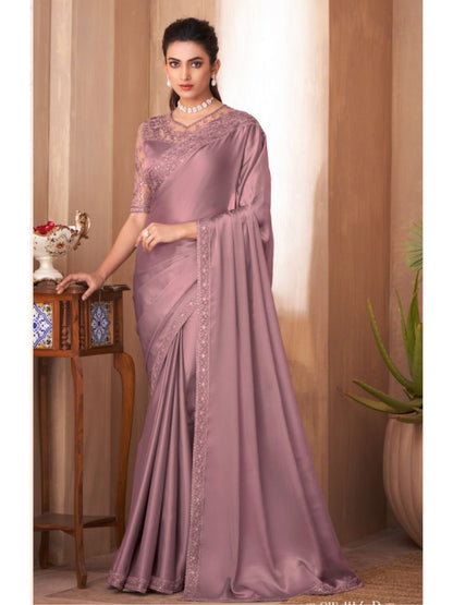 Embroidered Silk Fastive Saree In Light Purple