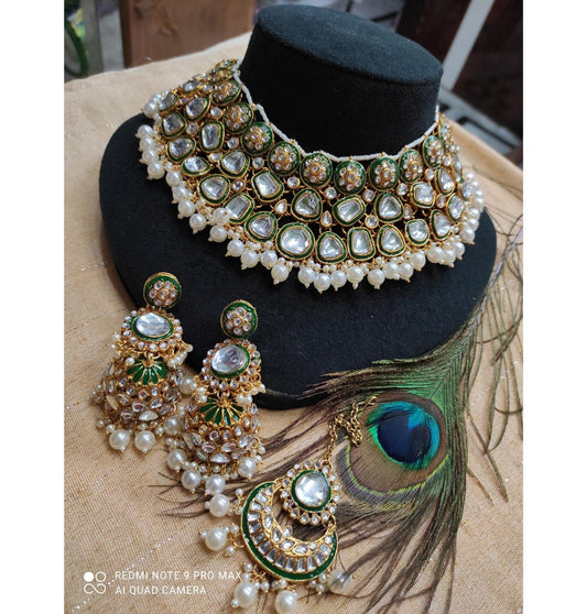 High Quality Kundan Pearl Studded Bridal Necklace Set-301076