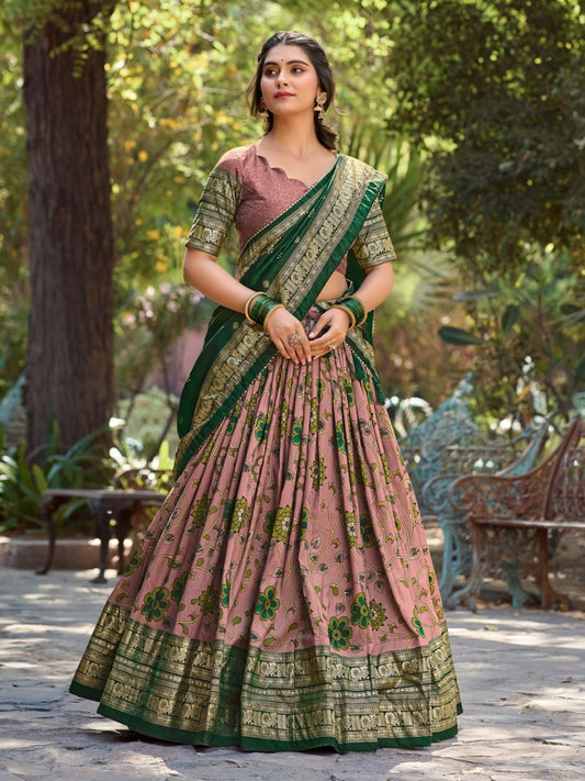 Kalamkari Tussar Silk Printed design Festive Lehenga In Green color -82062