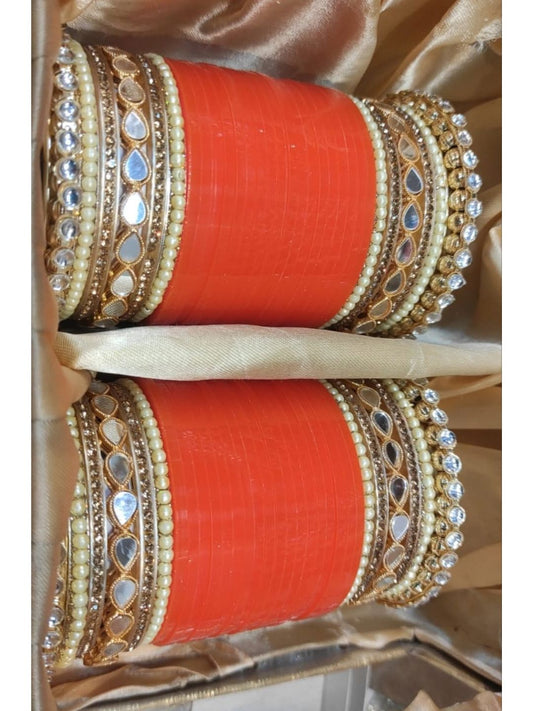 Orange AD Stone-Studded Punjabi Chura Bridal Wedding Bangle Set-30915