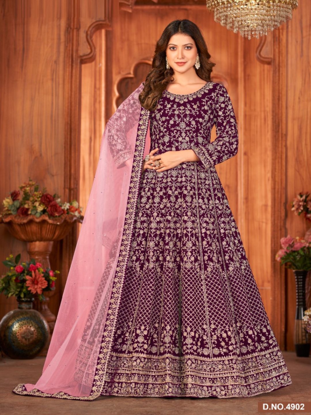 Zari Velvet Party Wear floor length Salwar Kameez In Purple