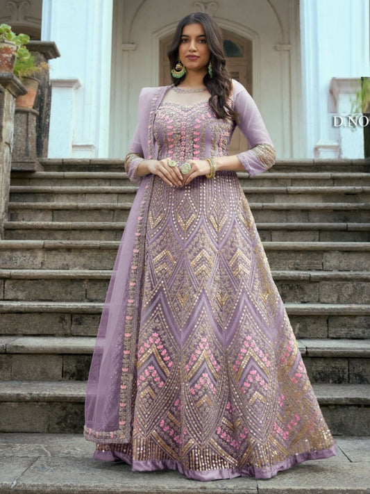 Embroidered Net Abaya Style Suit in Purple