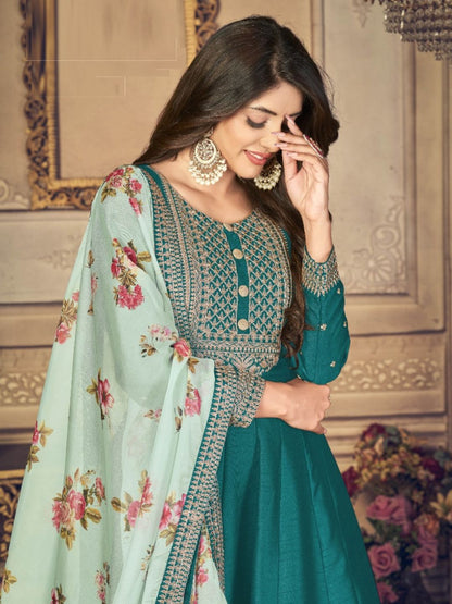 Embroidered Silk Mehendi Sangeet Gown in Green