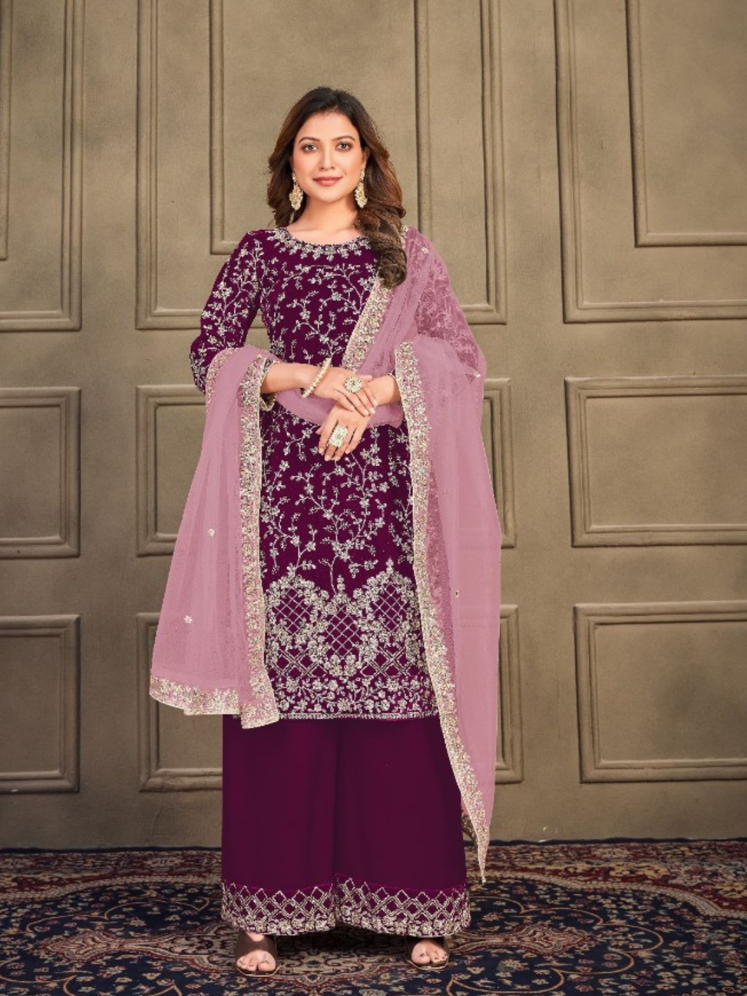 Embroidered Velvet Pakistani Suit in Purple