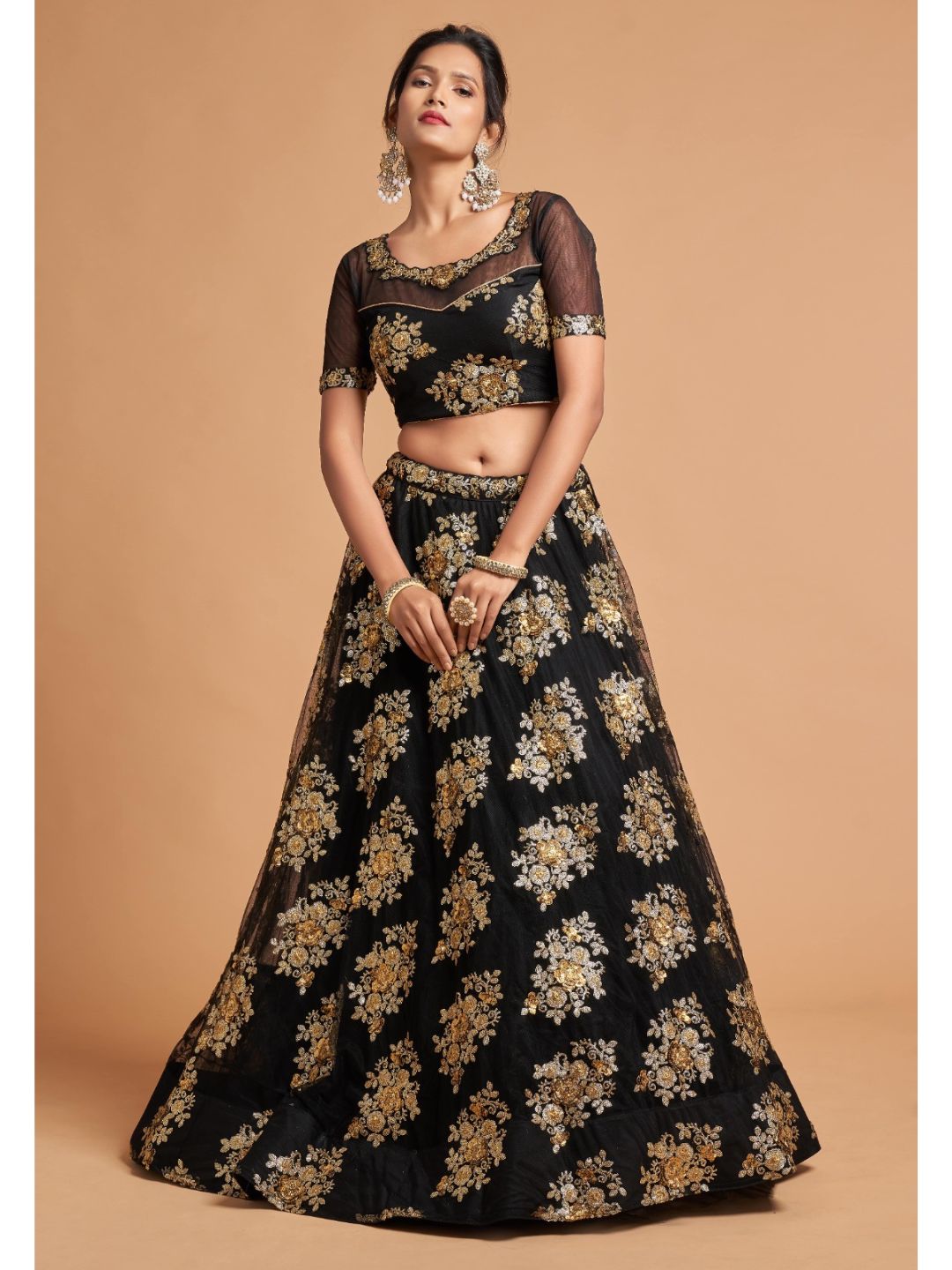 Sequence Net Fastive A Line Lehenga in Black