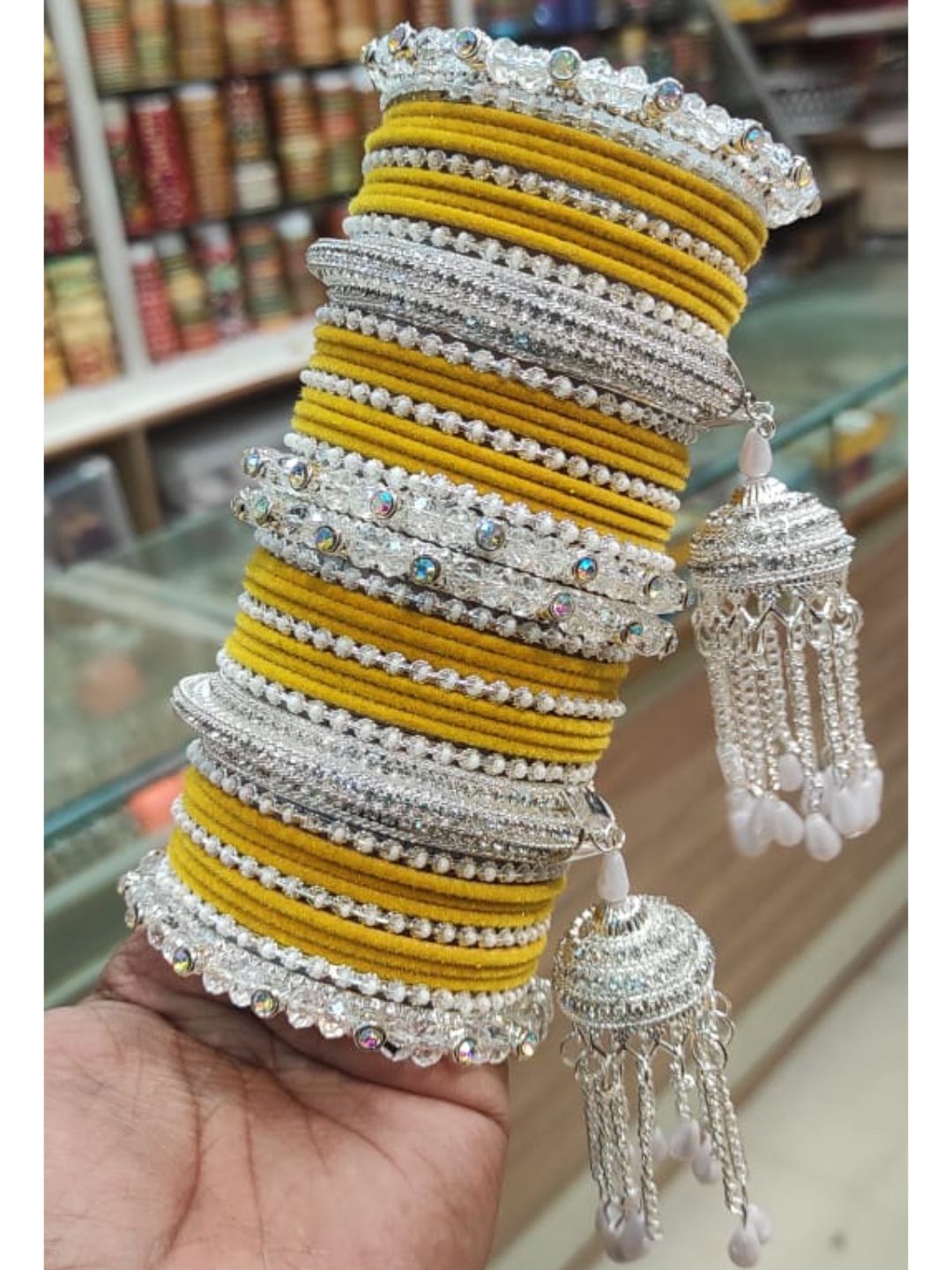 Yellow Silver Plated Chura Chuda Bangle Set-30927