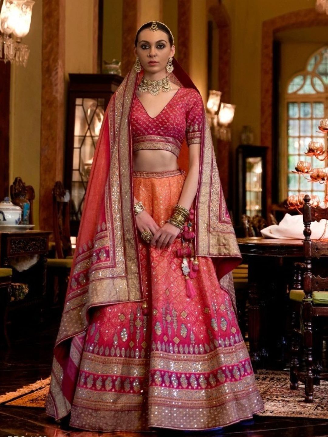 Mirror Work Art Silk Bridal Lehenga in Orange and Pink