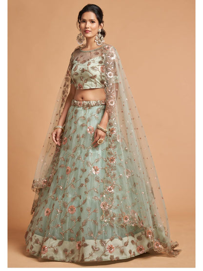 Sequence Net Fastive A Line Lehenga in Light Green