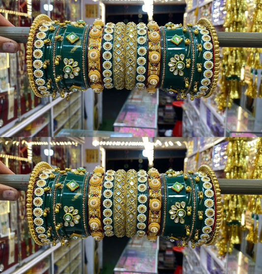 Designer Premium Quality Bridal Dhalu Chura Bangles Rajasthani Chura Set In Green-81854