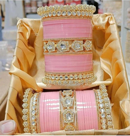 Designer Premium Quality Bridal Chura Bangles Set In Pink-81869