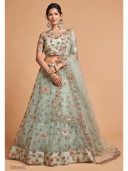 Sequence Net Fastive A Line Lehenga in Light Green