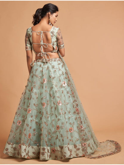 Sequence Net Fastive A Line Lehenga in Light Green