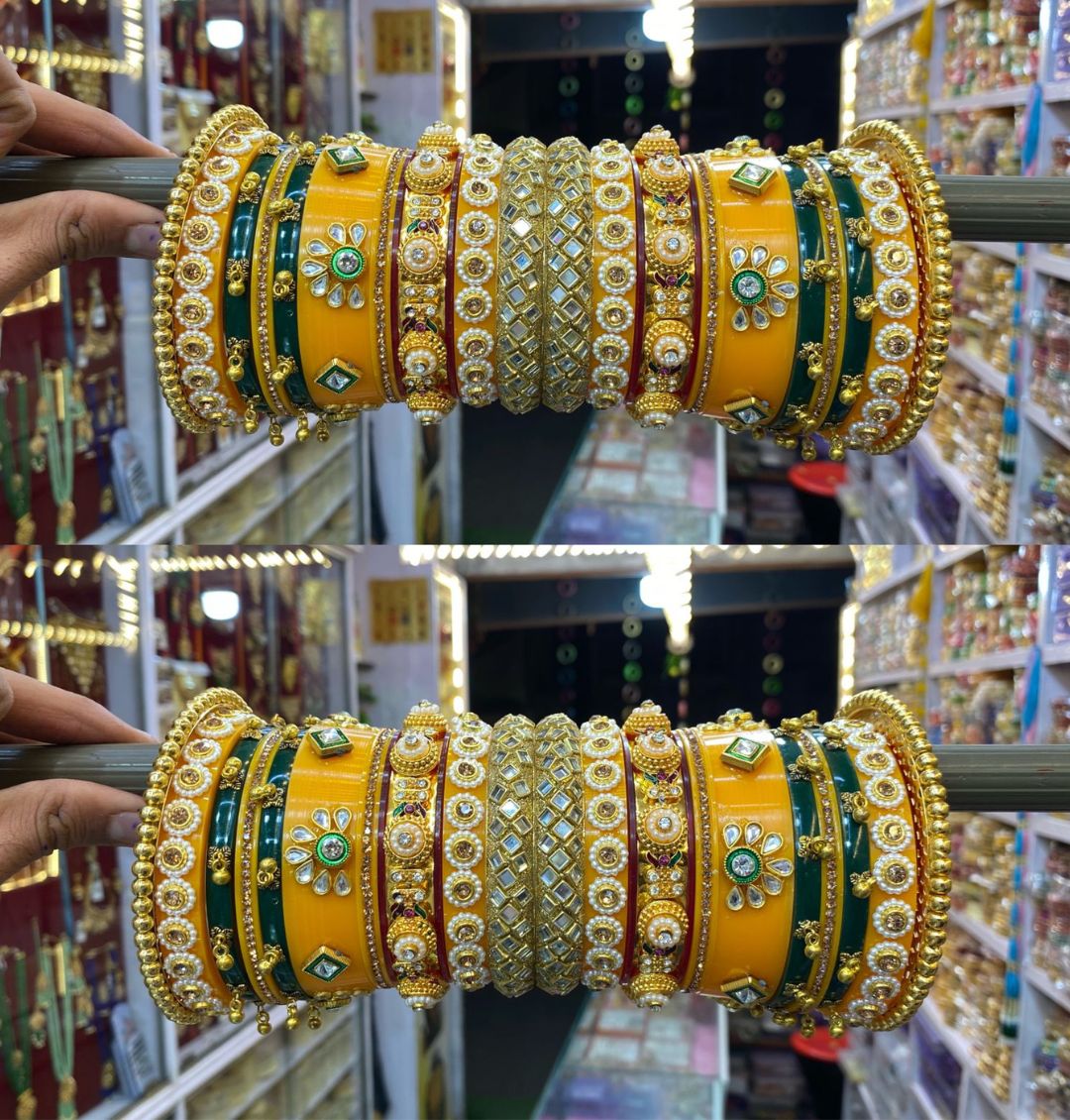 Designer Premium Quality Bridal Dhalu Chura Bangles Rajasthani Chura Set In Yellow-81855