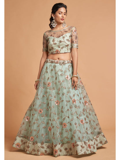 Sequence Net Fastive A Line Lehenga in Light Green