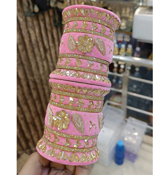 Velvet Premium Quality Bridal Chura Bangles Set In Pink-81866