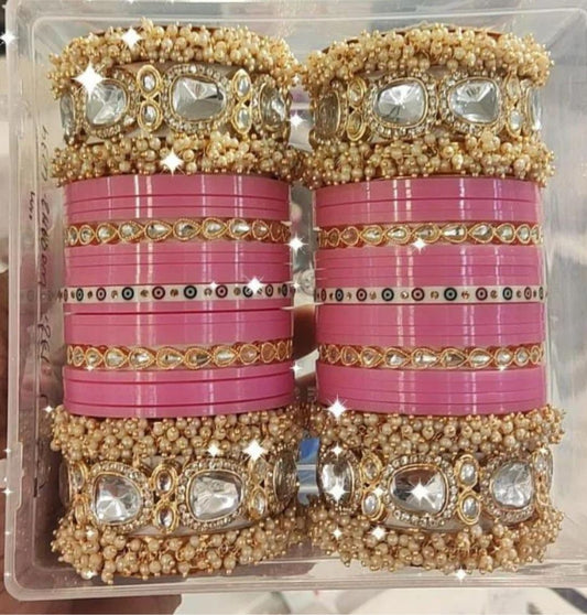 Designer Premium Quality Bridal Chura Bangles Set In Pink-81861