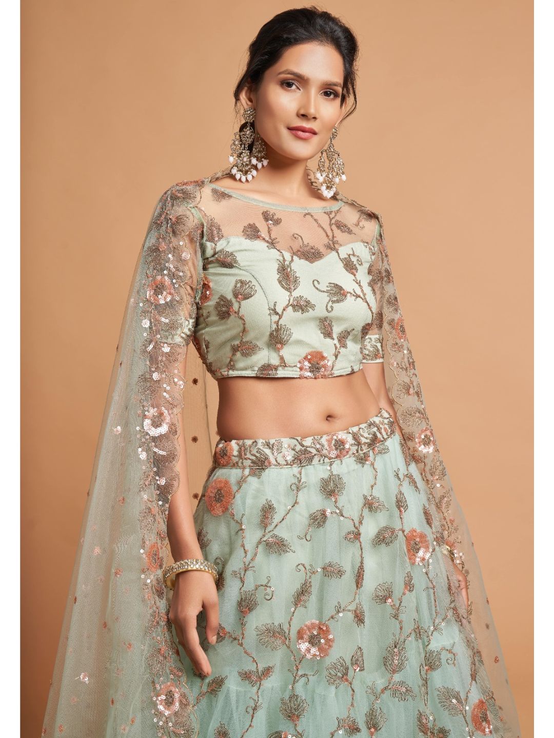 Sequence Net Fastive A Line Lehenga in Light Green