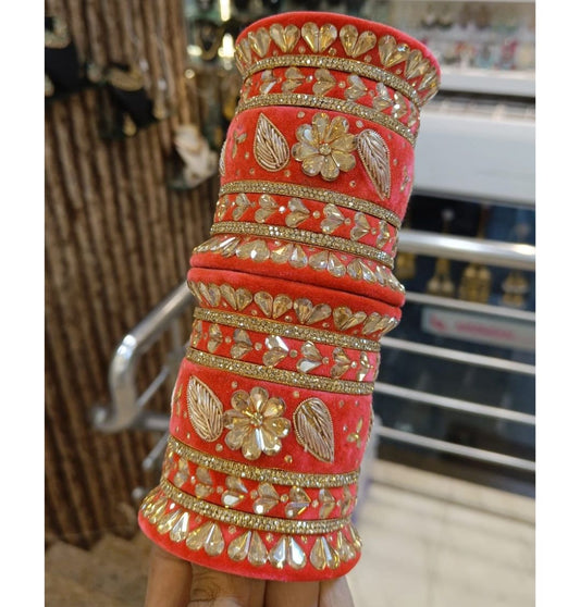 Velvet Premium Quality Bridal Chura Bangles Set In Red-81867