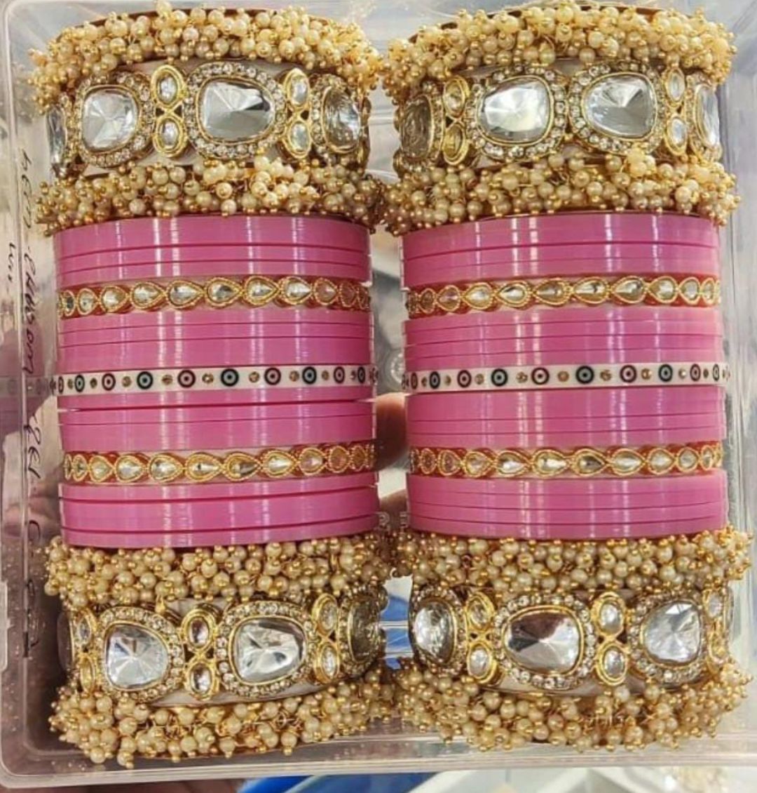 Designer Premium Quality Bridal Chura Bangles Set In Pink-81861