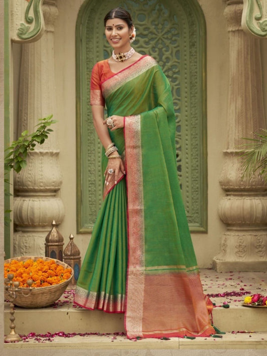 Weaving Tusser Silk Fastive Saree In Green