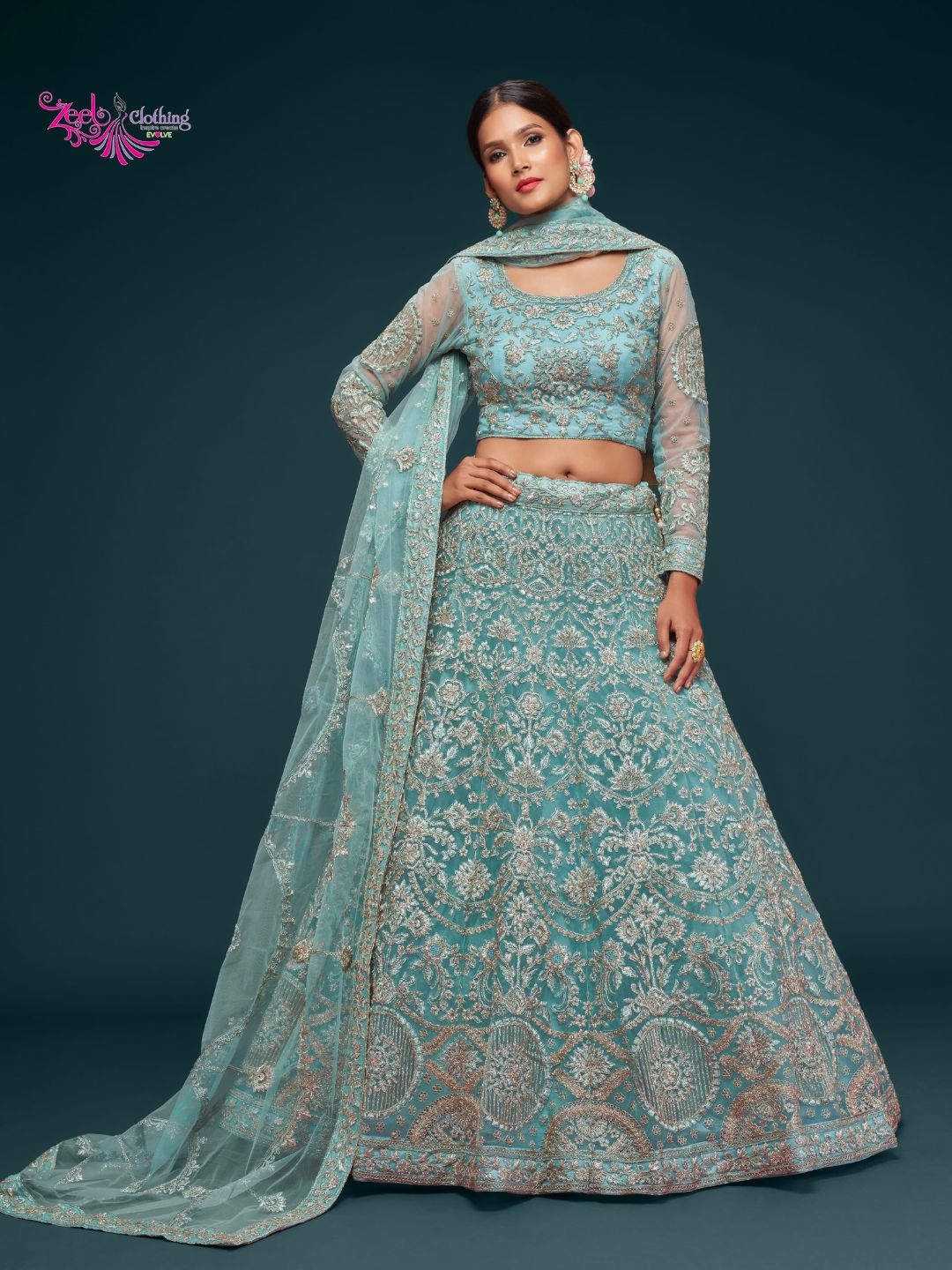 Net Wedding Lehenga in Blue with Zari work