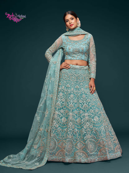 Net Wedding Lehenga in Blue with Zari work