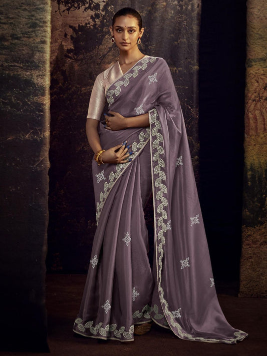 Embroidered Silk Soft Traditional Saree In Puple