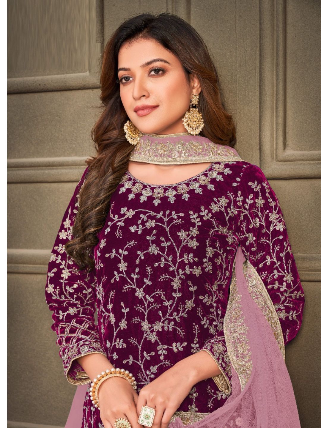 Embroidered Velvet Pakistani Suit in Purple