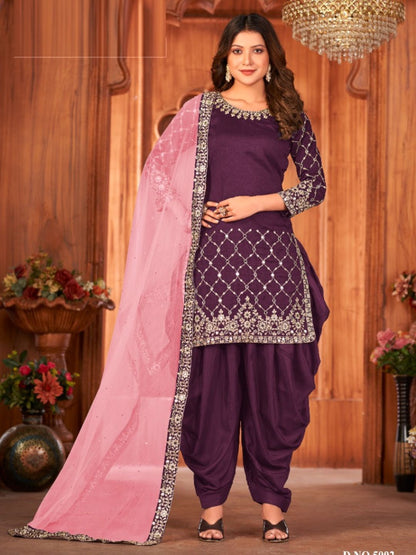 Mirror Art Silk Patiala Salwar Suit in Purple