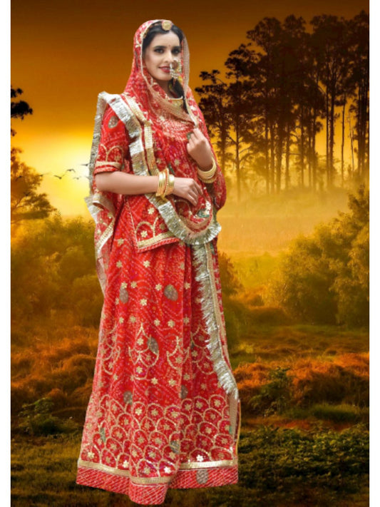 Printed Bandhani Georgette Traditional Stitched Rajputi Poshak In Red