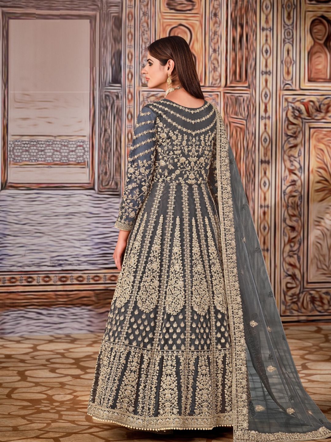 Embroidered Net Bollywood Floor Length Salwar Kameez in Grey