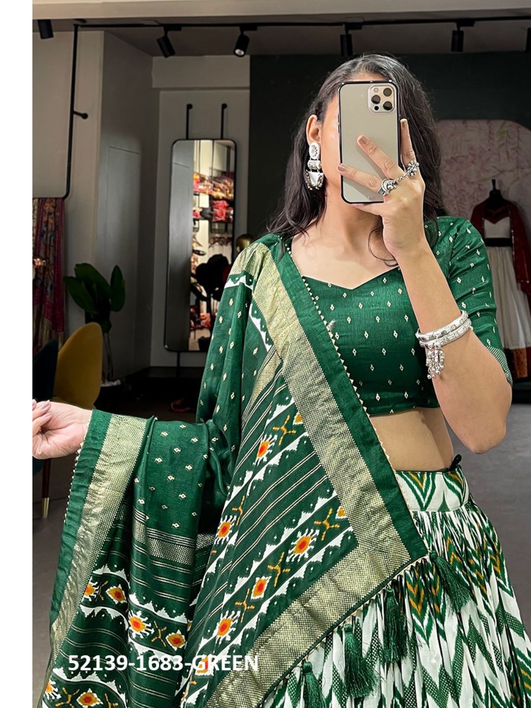 Foil Printed tussar Silk with Bandhani Dupatta Lehenga Choli In Green color -82066