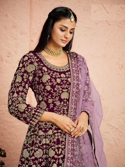 Mirror Velvet Winter Casual Salwar Kameez in Maroon