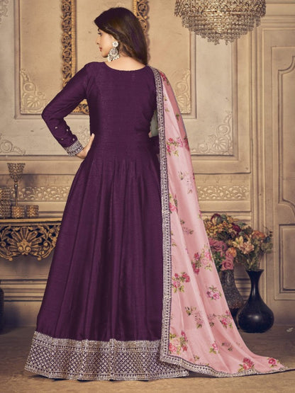 Embroidered Silk Mehendi Sangeet Gown in Purple