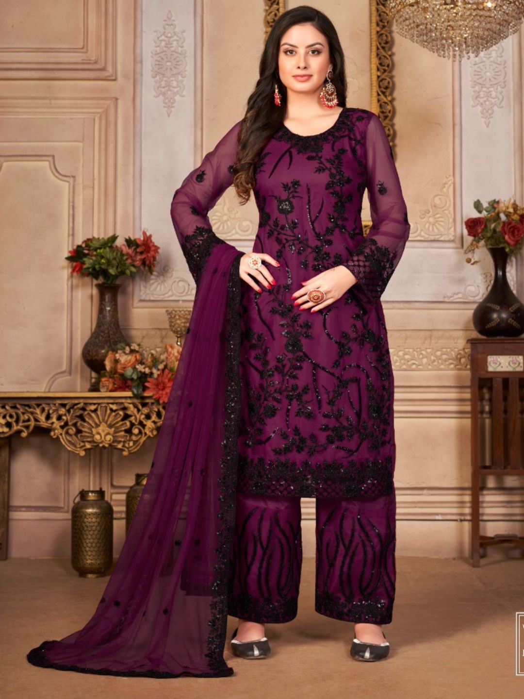 Thread Net Reception Salwar Kameez in Purple