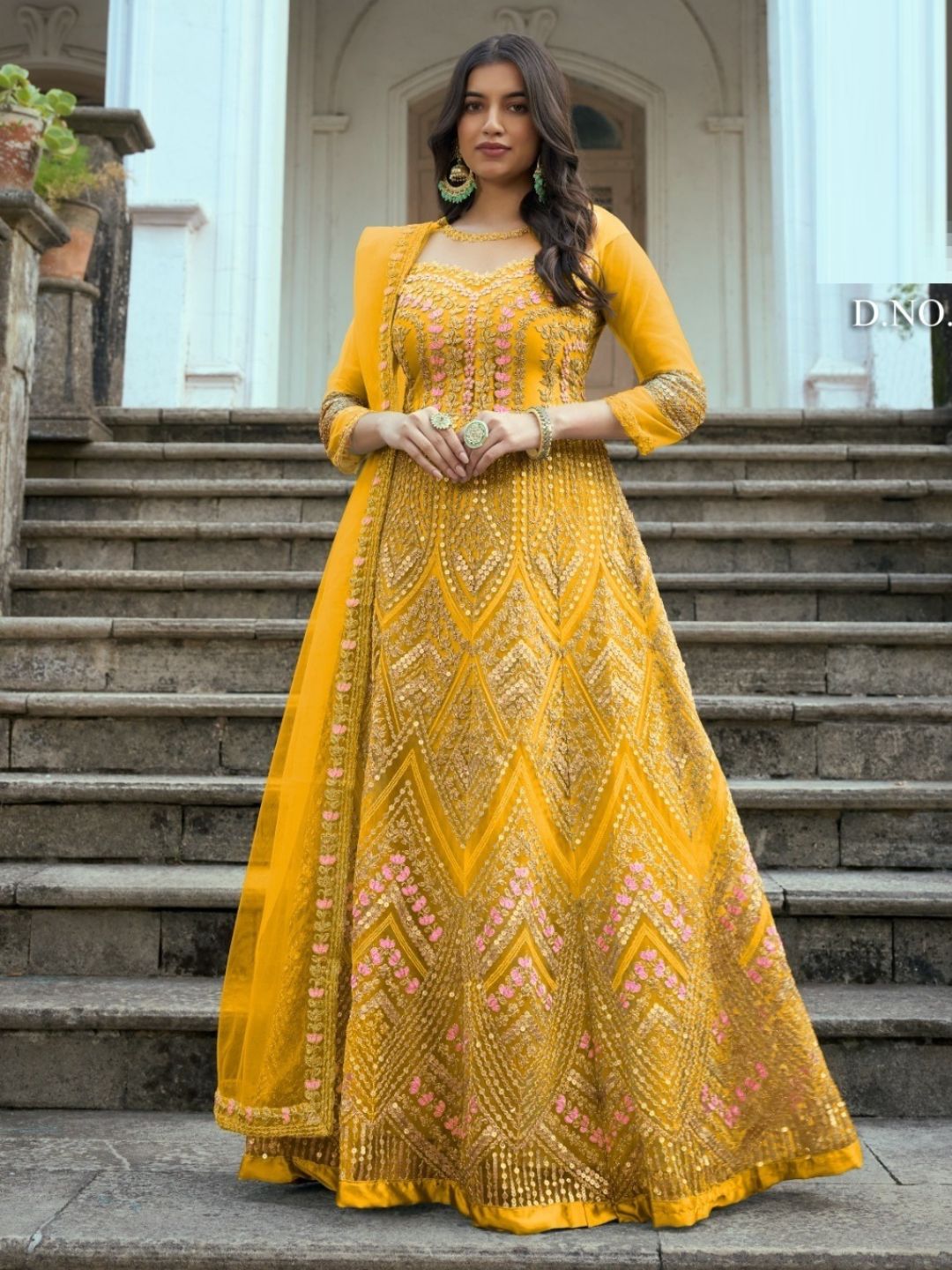 Embroidered Net Abaya Style Suit in Yellow