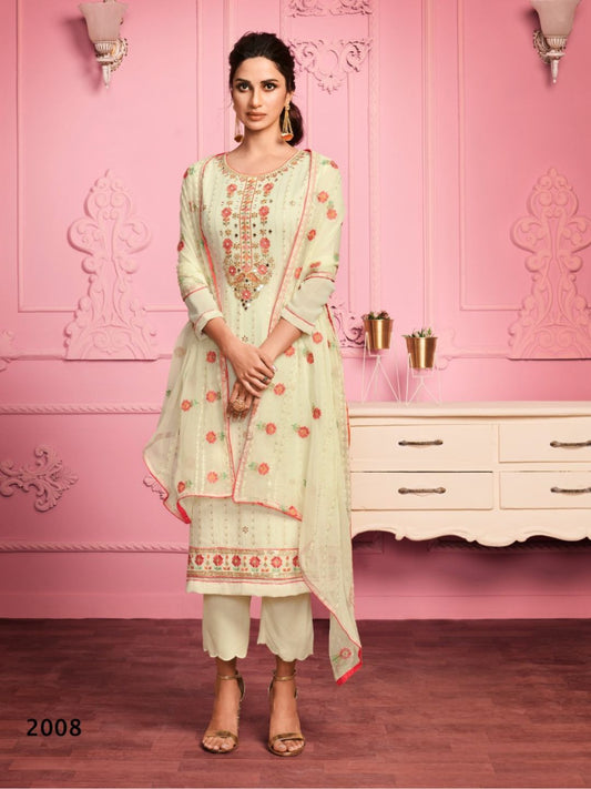 Thread Georgette Reception Salwar Kameez in Light Yellow