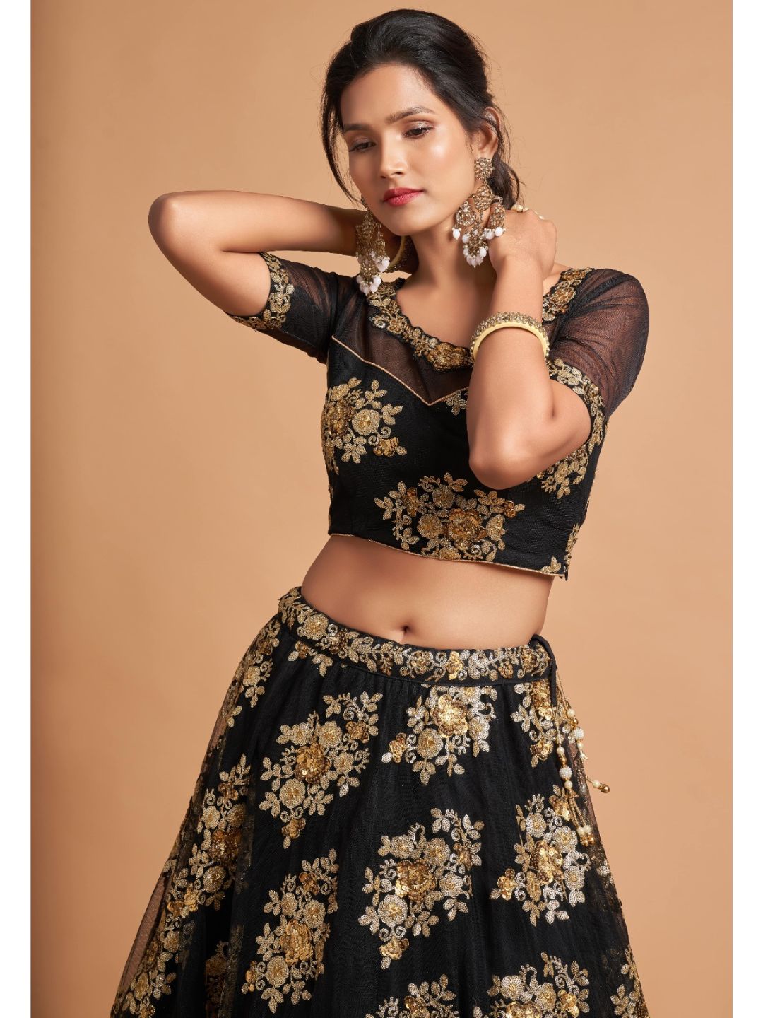 Sequence Net Fastive A Line Lehenga in Black