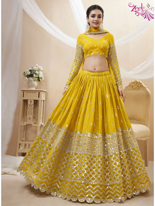 Embroidered Georgette Lehenga in Yellow