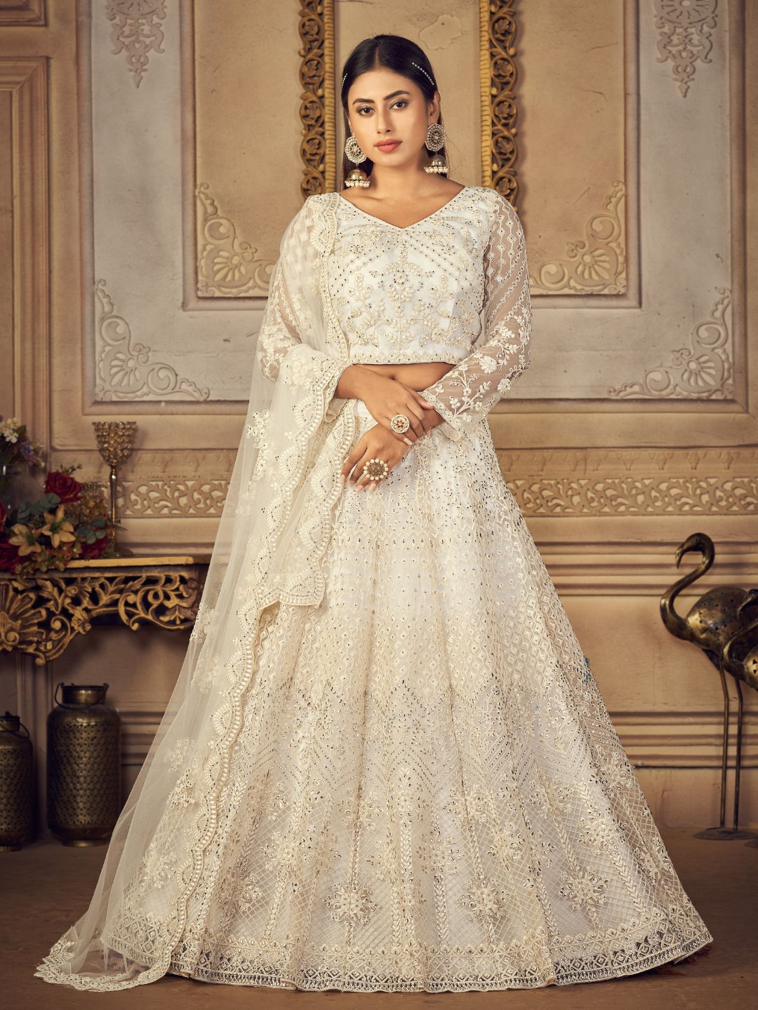 Embroidered Net With Banglori Silk Bridal Lehenga in White