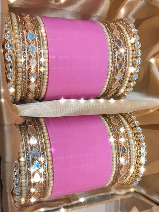 Pink AD Stone-Studded Punjabi Chura Bridal Wedding Bangle Set-30919