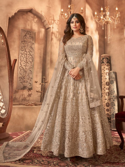 Embroidered Net Bollywood floor lenght Salwar Kameez in Beige and Brown