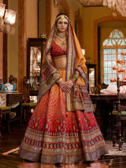 Mirror Work Art Silk Bridal Lehenga in Orange