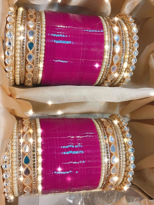 Purple AD Stone-Studded Punjabi Chura Bridal Wedding Bangle Set-30916