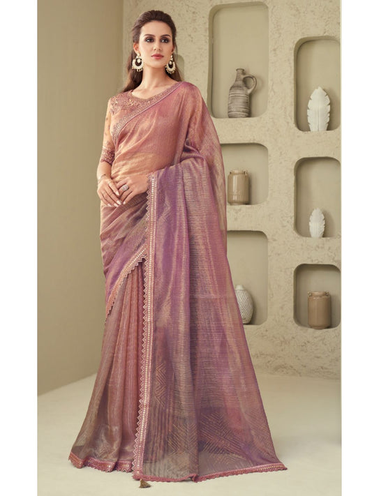 Embroidered Shimmer Silk Wedding Saree In Pink