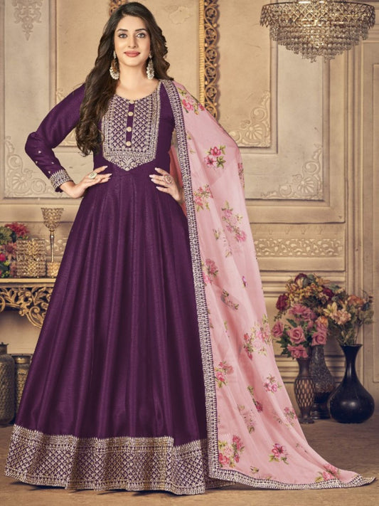 Embroidered Silk Mehendi Sangeet Gown in Purple