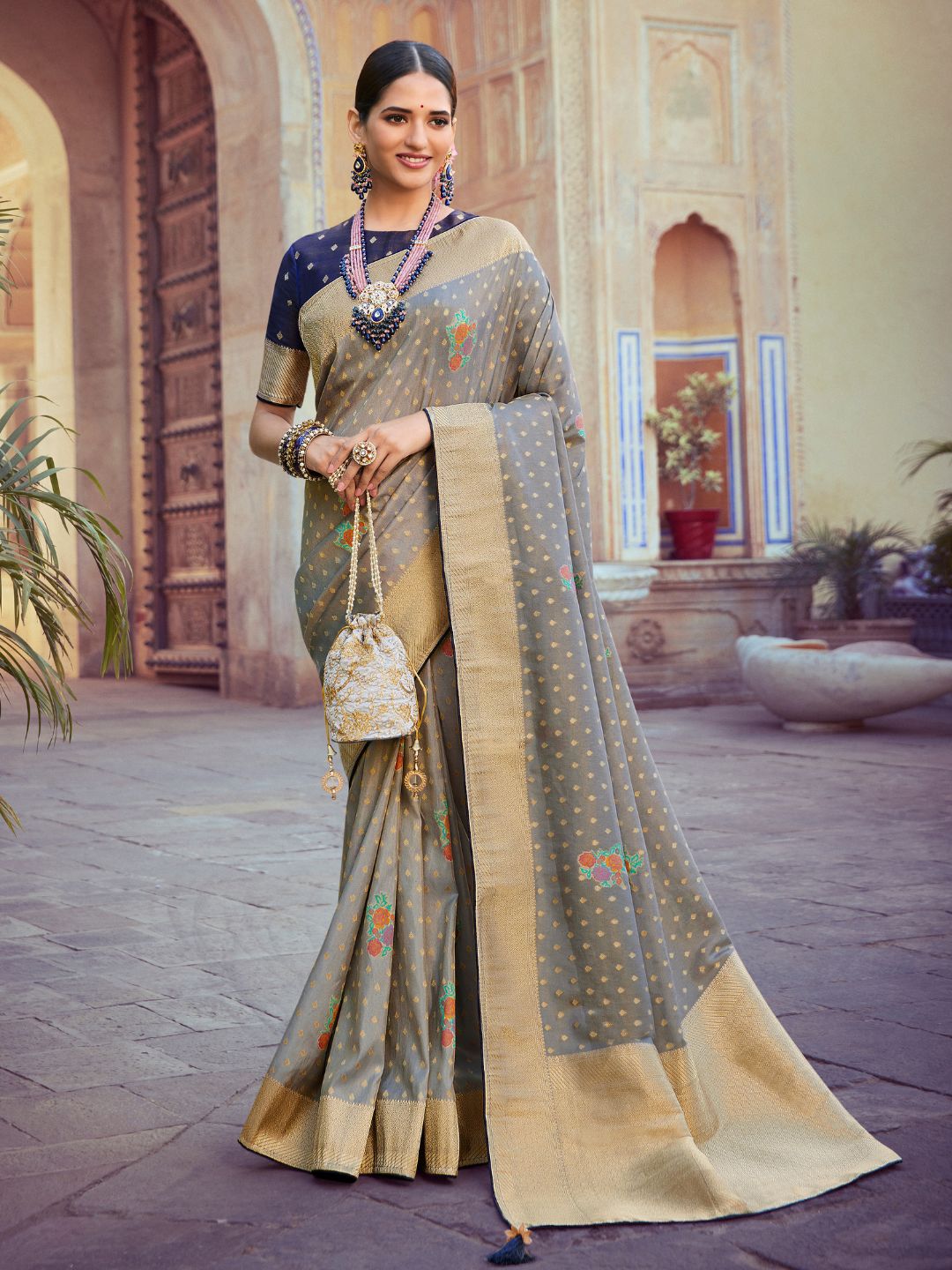 Embroidered Silk Traditional Saree In Grey-80976